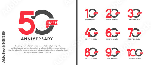 set of anniversary logotype style red and black color with red ribbon for celebration