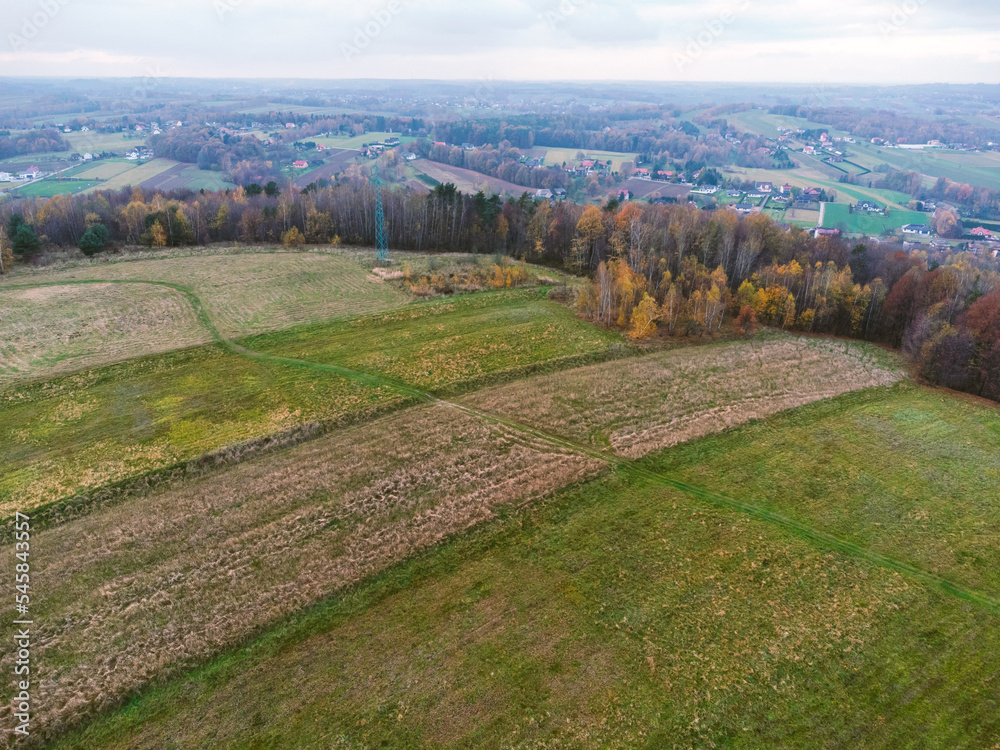 Aerial view, landscape , view of meadows , mountains. Rural area.