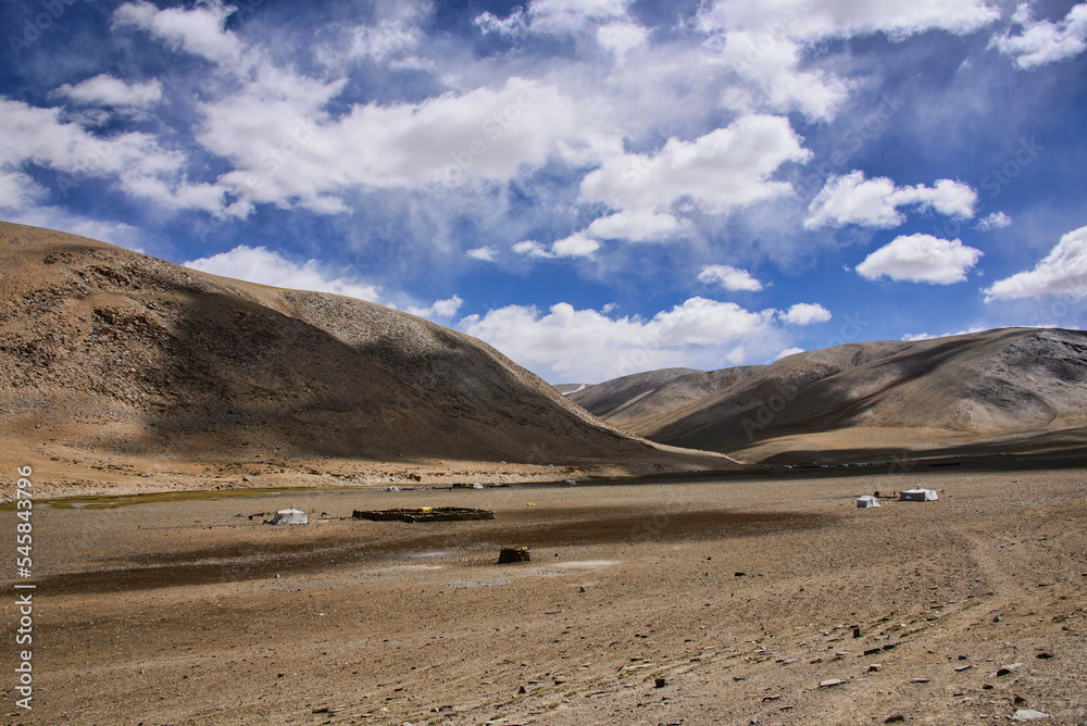 View of the Rajungkaru nomad encampment on the trek to Tso Moriri Lake, Ladakh, India