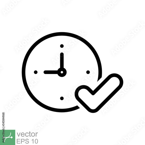 Check mark on clock icon. Simple outline style. Real time protection, perfect hour, circle watch, timer concept. Thin line vector illustration isolated on white background. EPS 10.