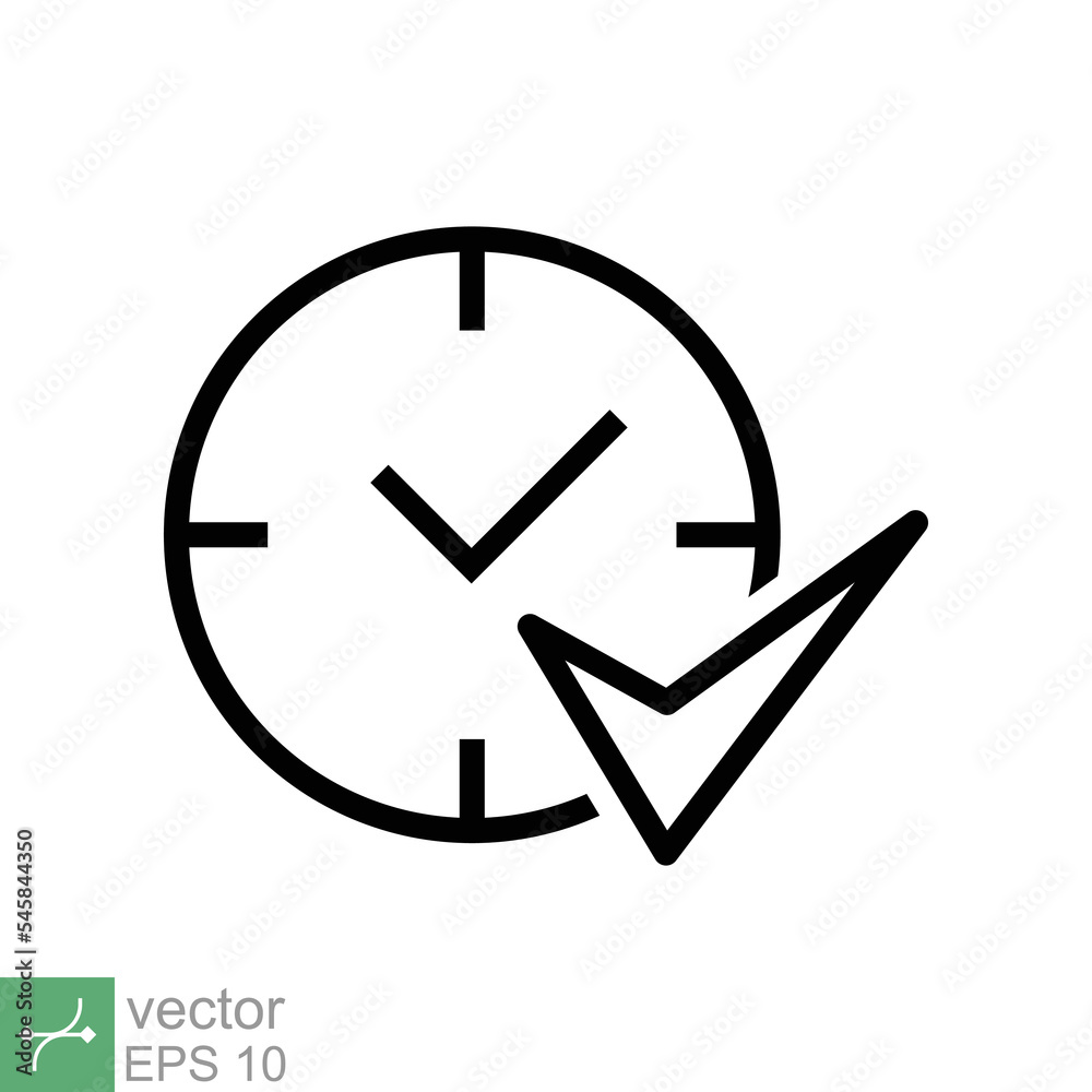 Check mark on clock icon. Simple outline style. Real time protection, perfect hour, circle watch, timer concept. Thin line vector illustration isolated on white background. EPS 10. Check mark on clock icon. Simple outline style. Real time protection, perfect hour, circle watch, timer concept. Thin line vector illustration isolated on white background. EPS 10.