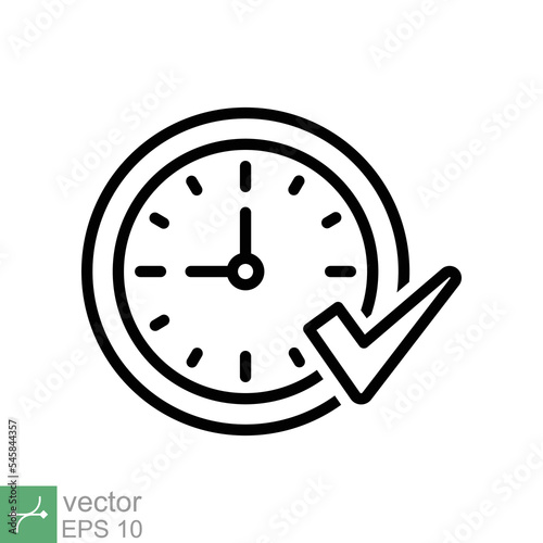 Check mark on clock icon. Simple outline style. Real time protection, perfect hour, circle watch, timer concept. Thin line vector illustration isolated on white background. EPS 10.
