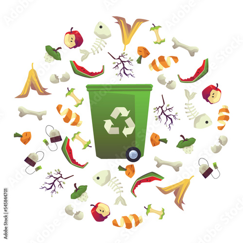 Dumpster with food waste and meal leftovers flat vector illustration isolated.