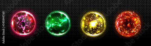 Set of energy balls with lightning effect in red, orange, yellow and green colors. Electrical discharge bundle png. Magic power. Realistic vector illustration isolated on transparent background