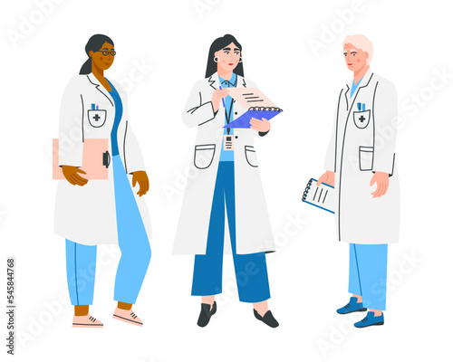 Group of clinic doctors isolated on a white background. Hospital worker. Medical staff in uniform. Vector flat illustration