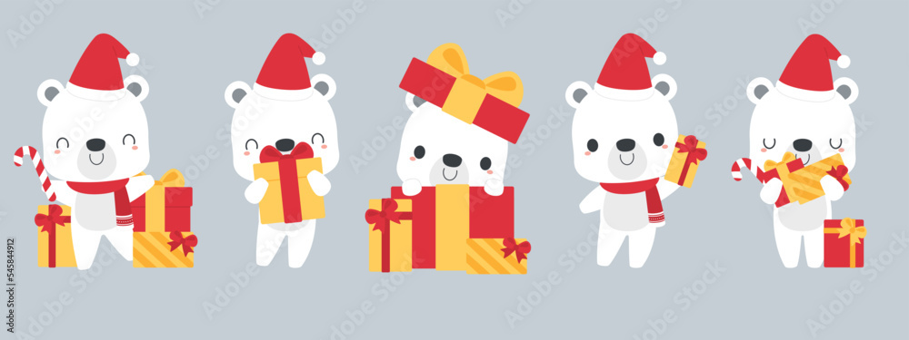 Set of cute polar bear cartoon characters wearing Santa hat, holding gift boxes. Festive Christmas holiday season concept. Flat vector illustration. Set of cute polar bear cartoon characters wearing Santa hat, holding gift boxes. Festive Christmas holiday season concept. Flat vector illustration.