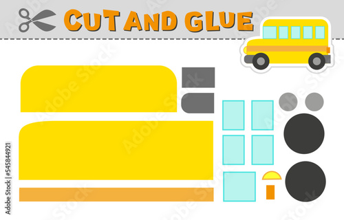 Cut and glue school bus. Vector illustration of school bus. Paper game for children activity and education