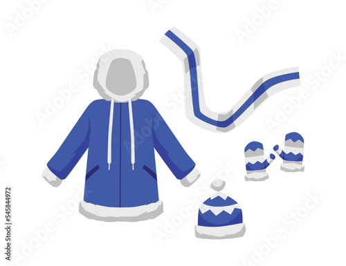 Winter cold protecting clothing set flat vector illustration isolated on white.