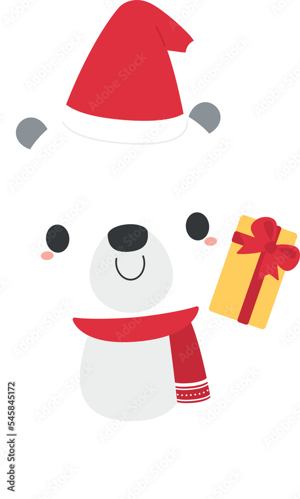 Cute polar bear cartoon character wearing Santa hat, holding gift boxes. Festive Christmas holiday season concept. Flat design illustration. Cute polar bear cartoon character wearing Santa hat, holding gift boxes. Festive Christmas holiday season concept. Flat design illustration.