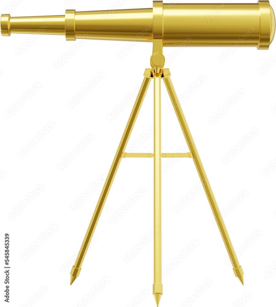 Telescope gold metal, side view. 3d rendering. PNG icon on transparent background. Telescope gold metal, side view. 3d rendering. PNG icon on transparent background.