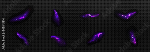 Lightnings, purple thunderbolt strikes at night. Electric impact effects, thunderstorm sparking discharges isolated on transparent background, vector realistic illustration