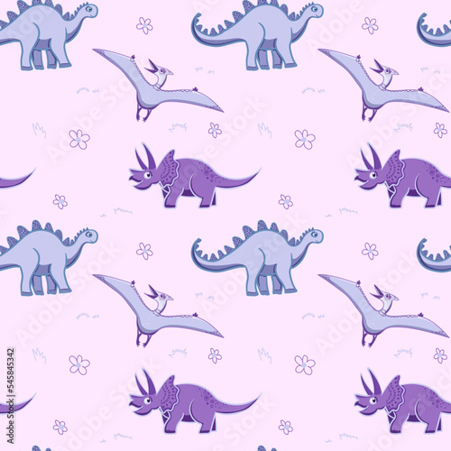 Dino background. Seamless pattern with dinosaurs  baby pattern. Cute vector texture for kids bedding  fabric  wallpaper  wrapping paper  textile  t-shirt print. Cartoon style  vector.