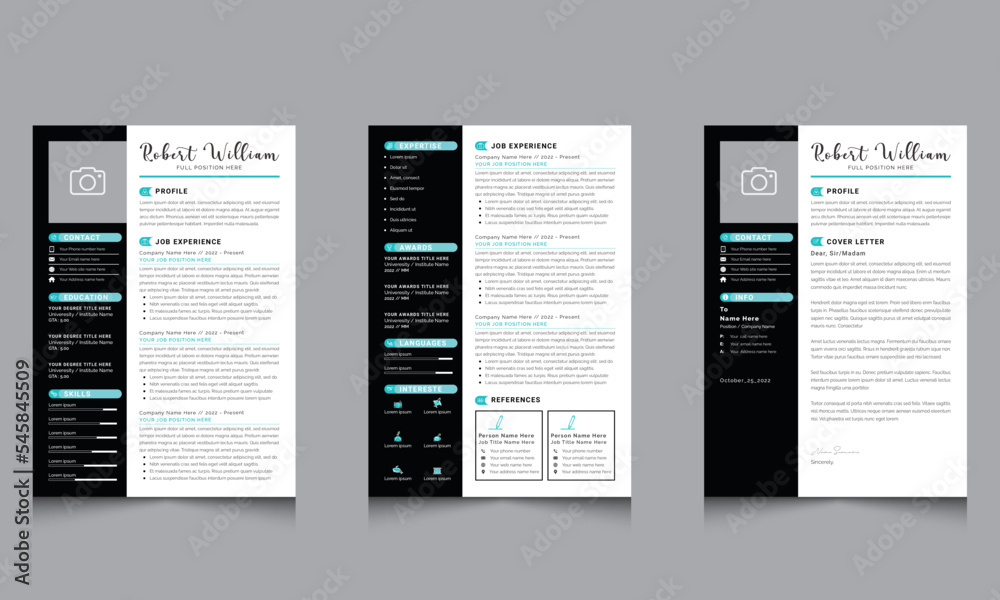 Minimal Resume and Cover Letter Page Set with Dark Accents CV Templates for Business Job Applications