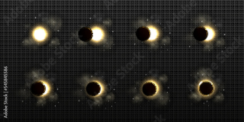 Solar or lunar eclipse with stars, different phases of moon and sun ecliptic effect in space. Shining circle with black shadow of planet disappear and appear motion, Realistic 3d vector illustration