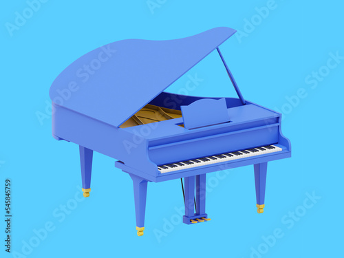 Blue grand piano, musical instrument. 3d rendering. Icon on blue background.
