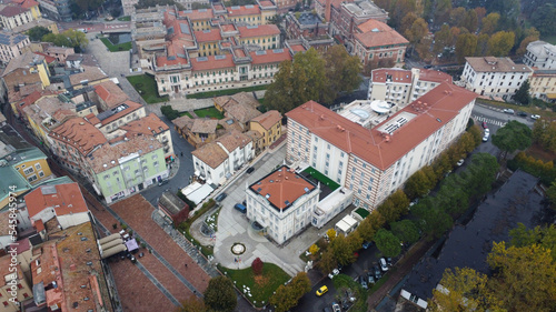 Salsomaggiore Terme Parma ,Italy - November 2022 aerial view of Grand Hotel a foggy autumn morning photo