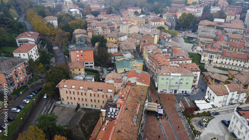 Salsomaggiore Terme Parma ,Italy - November 2022 aerial view of Grand Hotel a foggy autumn morning photo