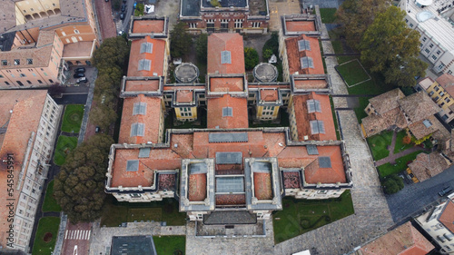Salsomaggiore Terme Parma ,Italy - November 2022 aerial view of Berzieri termal spa a foggy autumn morning photo
