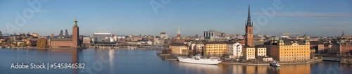 Panorama, the bay Riddarfjärden, old town Gamla Stan the down town with Town City Hall a sunny autumn day in Stockholm 