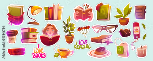 Stickers with books, reading girl, coffee, cup of tea, glasses, plants and desserts. Concept of reading hobby, education, literature, library with books icons, vector cartoon set