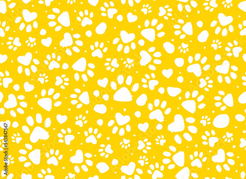 Animal paw print seamless yellow and white pattern. Dalmatian Spots.Vector hand-drawn background. 