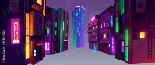 City buildings at night in perspective view. Urban landscape elements, houses and skyscraper with neon signboards and glowing windows, vector cartoon set isolated on background