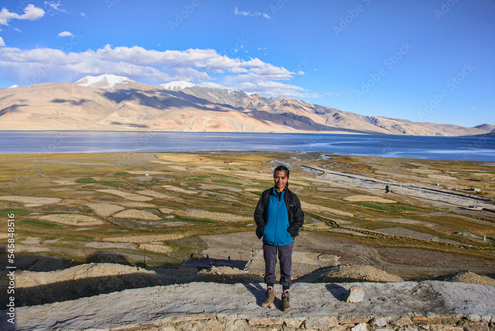 Tourist in Tso Moriri Lake, Korzok village, Ladakh, India. 