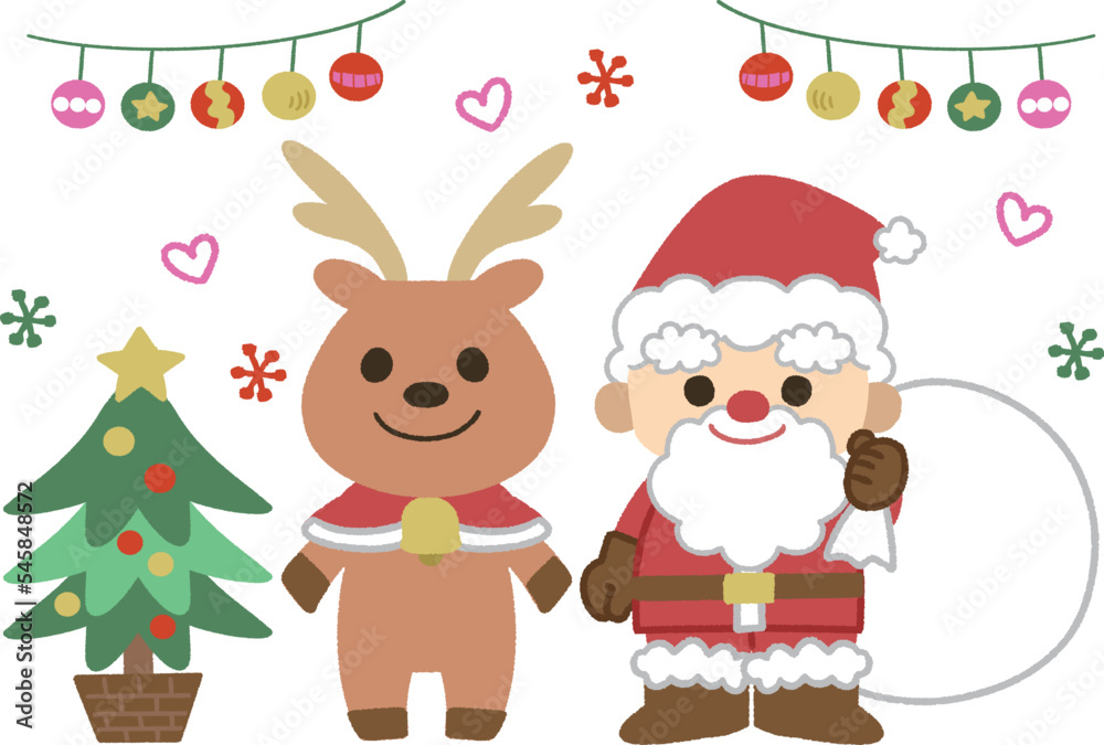 Obraz premium サンタとトナカイとクリスマスツリーのイラスト