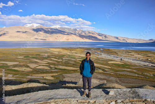 Tourist in Tso Moriri Lake, Korzok village, Ladakh, India.  photo
