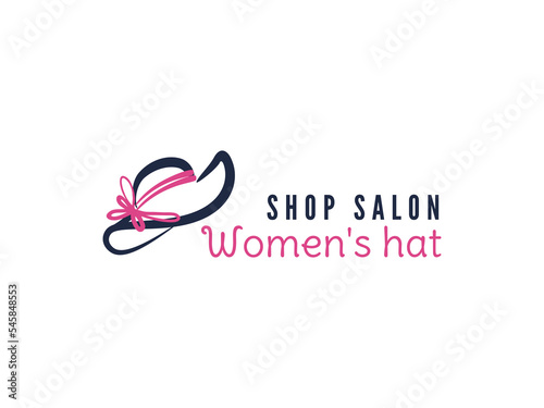 Fotobehang Women's Hat logo design. Elegant hat with pink ribbon, line art.