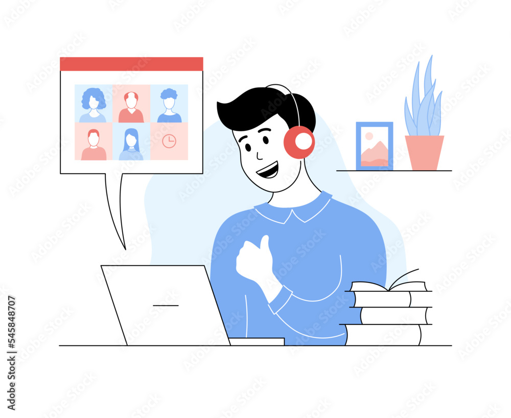 Cheerful boy in headphones studying online using laptop. Student boy sitting in front of computer showing thumbs up gesture. Distance lesson, homeschooling cartoon thin line vector illustration Cheerful boy in headphones studying online using laptop. Student boy sitting in front of computer showing thumbs up gesture. Distance lesson, homeschooling cartoon thin line vector illustration