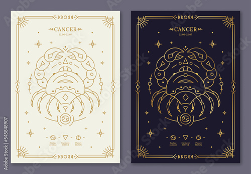Cancer zodiac horoscope golden signs on dark navy and white cards set. Stylized symbols of esoteric, zodiacal astrological calendar, horoscope constellation, cover design thin line vector illustration