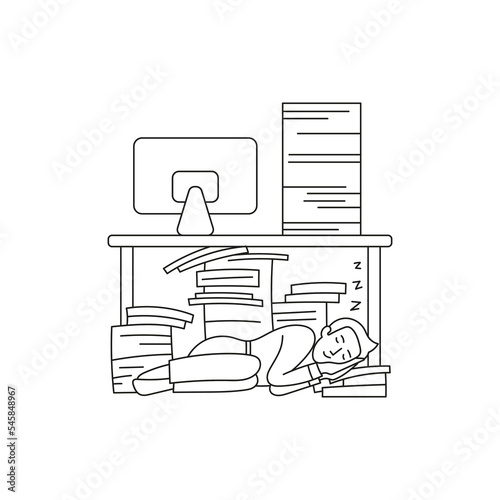 Sleeping employee in workplace burnout problems doodle style.