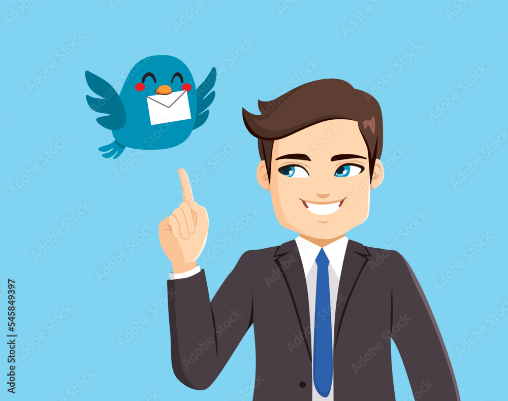 Young businessman with pointing finger on bird holding message letter. Social media communication concept Young businessman with pointing finger on bird holding message letter. Social media communication concept