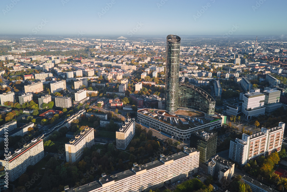 Wroclaw city panorama. Aerial view of modern european city with residential districts and street at summer morning
