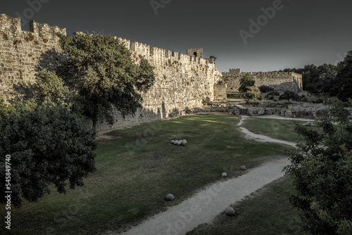 Historical walls around the Old town of Rhodes city in Rhodes island, Greece