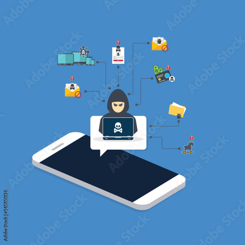 Hacker, malware notification on mobile phone. Smartphone with hacker alert, spam data on cellphone fraud error message, scam, virus. Flat vector illustration.	