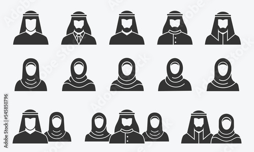 Arabic man and woman glyph icons set. Vector illustration.
