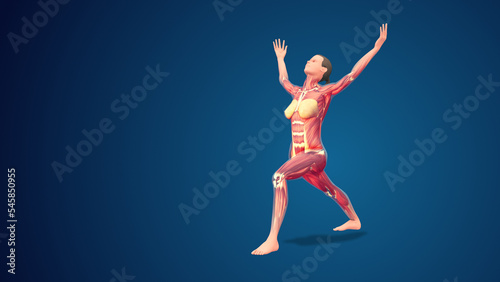 3D human Virabhadrasana I yoga pose on blue background