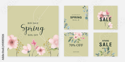 Spring sale templates with floral elements for social media posts, shopping ads, marketing material. Vector design for beauty, cosmetics, wedding, floristic.