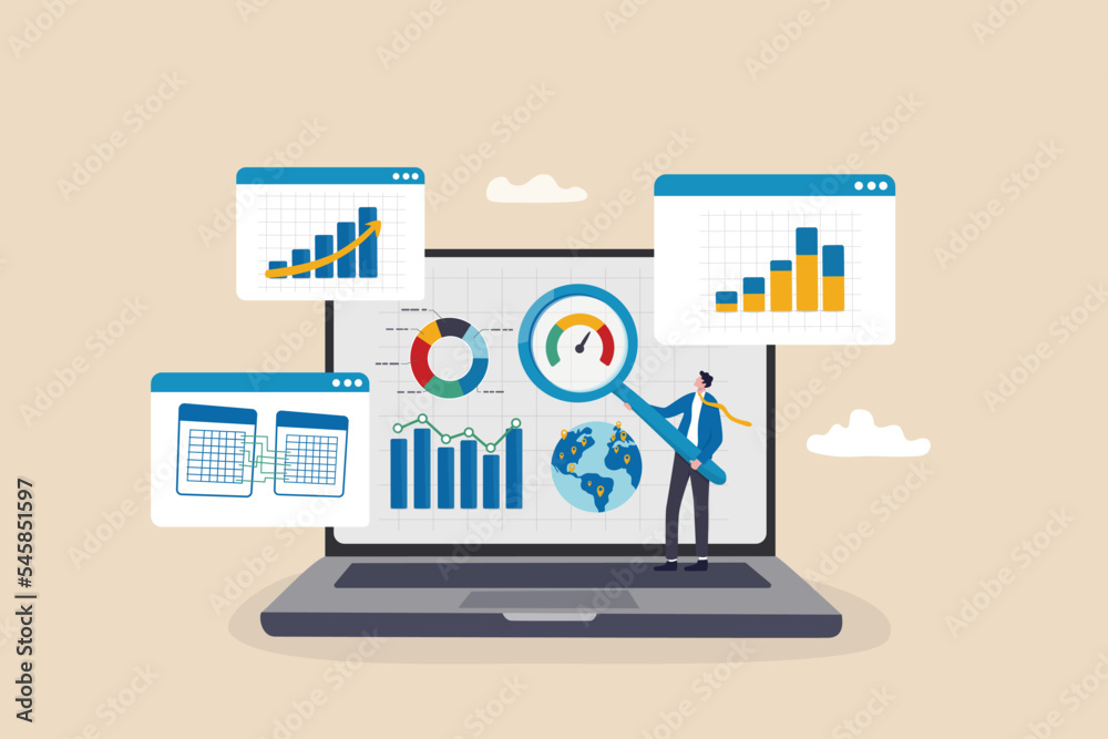 Market research data analysis, analyze business data or financial report, SEO analytics or profit and earning concept, businessman analyst with magnifying glass analyze data on computer laptop. - obrazy, fototapety, plakaty 