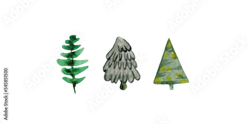 Watercolor set of Сhristmas tree, soft, green, white background