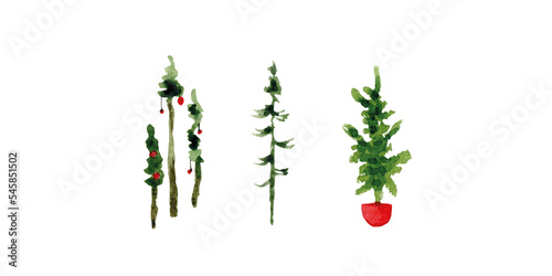 Watercolor set of Сhristmas tree, soft, green, white background