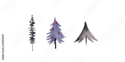 Watercolor set of Сhristmas tree, soft, purple, white background