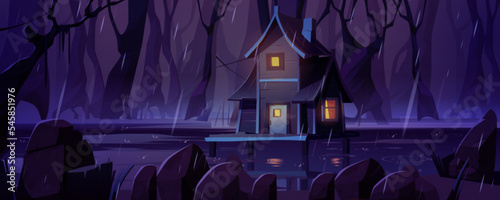 Fantasy landscape wooden stilt house on swamp under rain in night forest. Old shack with glow windows stand on piles in deep wood creepy. Witch hut, mystic game background, Cartoon vector illustration