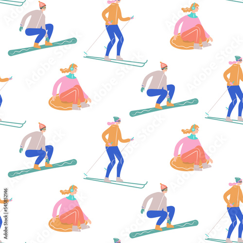 Seamless pattern with people involved in winter sports