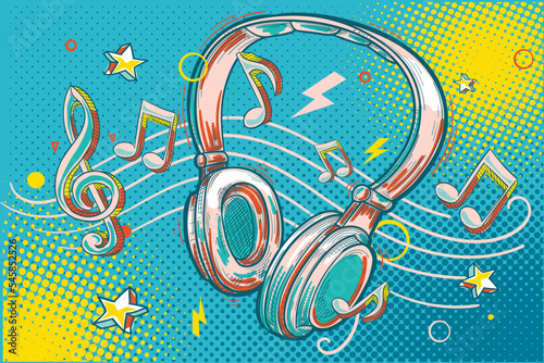 Music design - hand drawn musical headphones with clef and notes