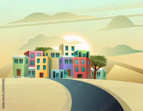 Road near Small cozy town. Landscape in desert sand hills. Homes and offices. Cartoon fun style. Flat design. Vector.