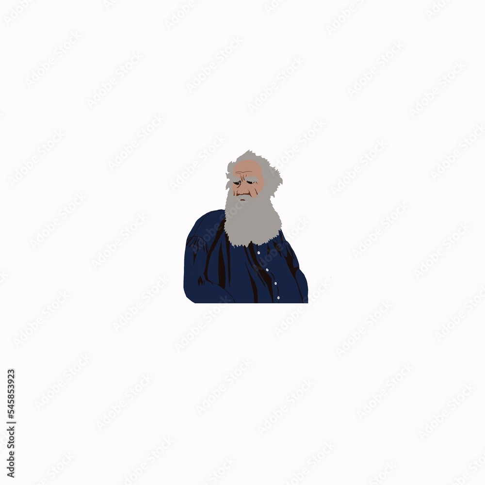 Illustration with men with beard. Russian writer Lev Tolstoy on white background. For books, paper, print, cards.