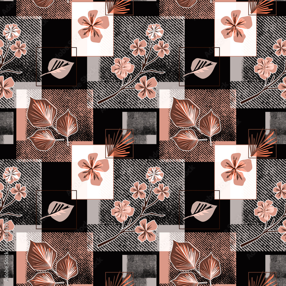 Seamless patchwork floral pattern. Orange flowers and leaves on a gray and black background.  - obrazy, fototapety, plakaty 